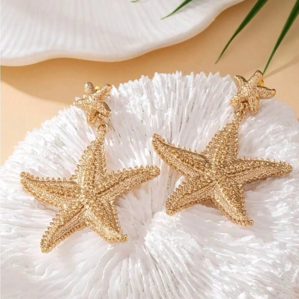 Fashion Statement Starfish Beach Ocean Gold Plated Dangle Drop Earrings